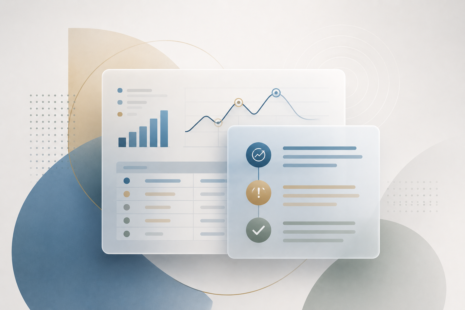 Illustration of a dashboard with charts and a checklist overlay showing reviewed items, warnings, and completed validation steps.