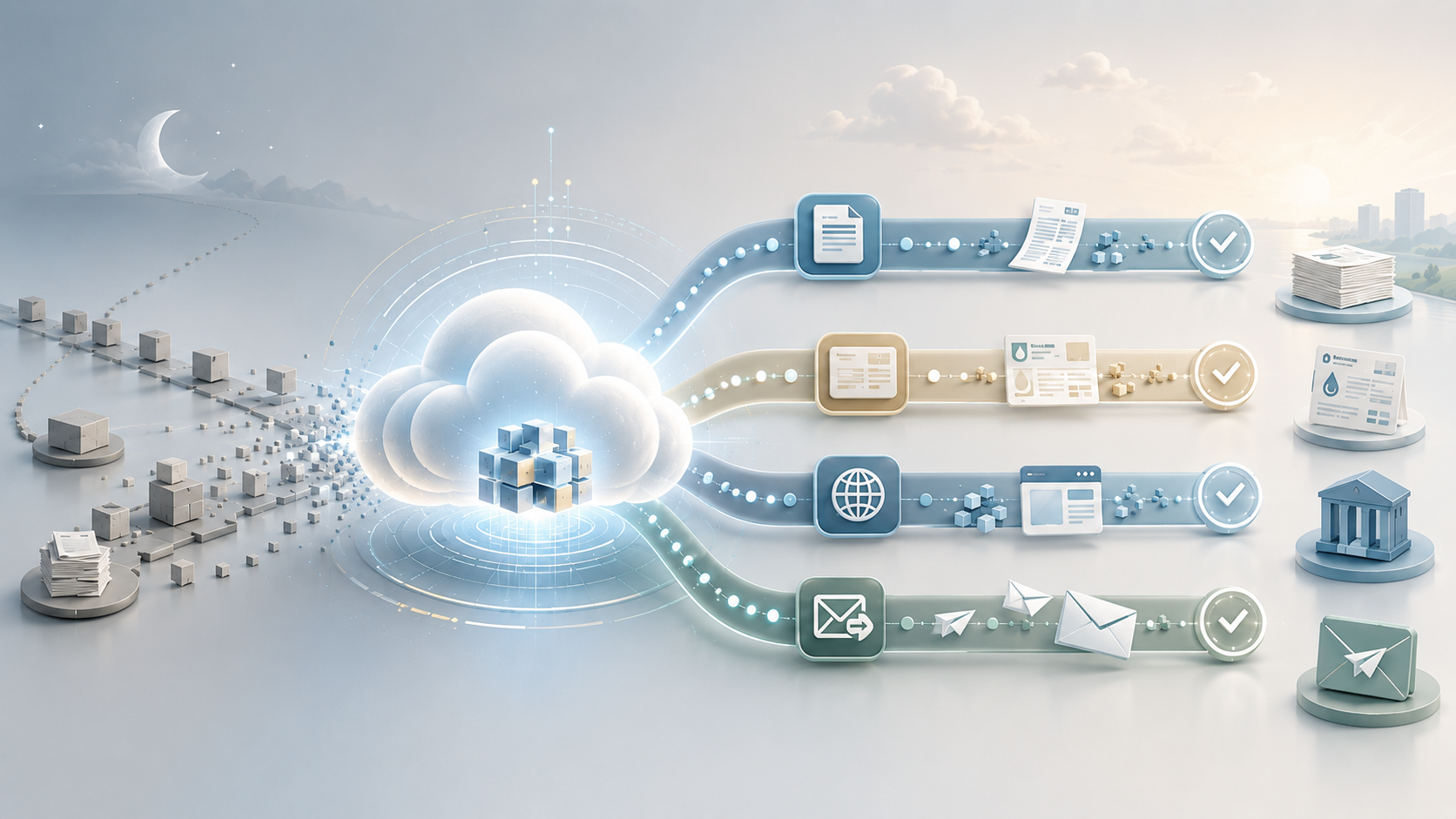 Illustration of a cloud-based system distributing documents, reports, payments, messages, and approvals across multiple connected service channels.