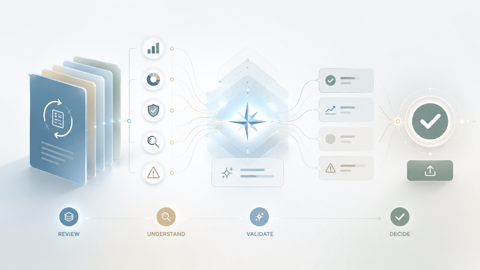 Illustration of documents moving through an AI-assisted review process with analytics, validation checks, and decision steps leading to approval.