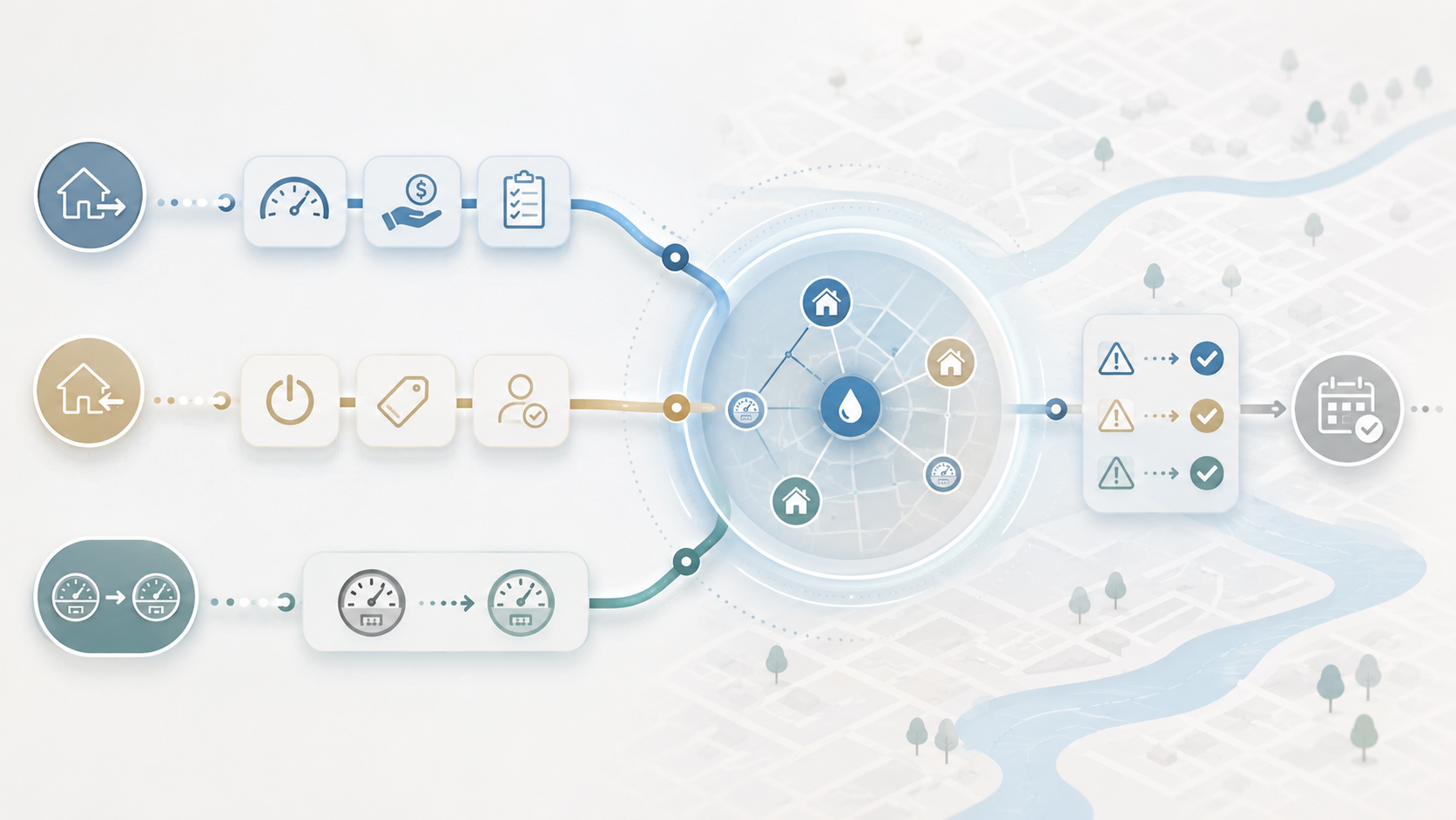 Illustration of utility billing data from homes, meters, payments, service tasks, and account workflows connecting into a central system with validation checks and scheduled actions.
