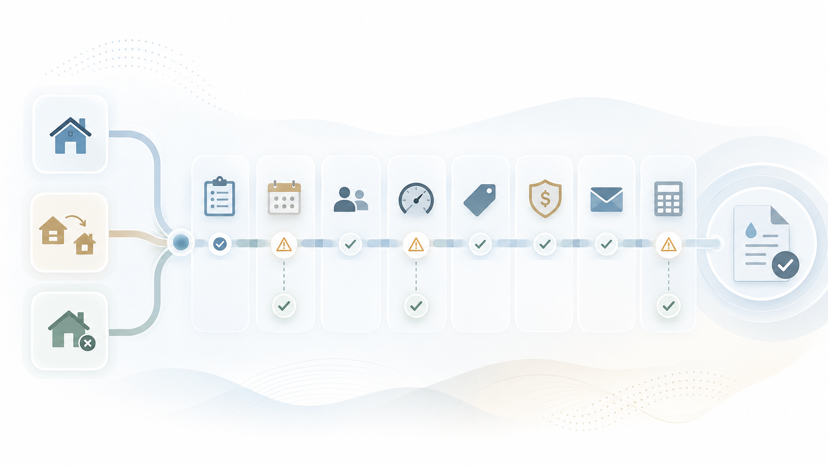 Illustration of multiple property and account workflows moving through a connected billing timeline with task, calendar, customer, meter, payment, email, and invoice validation steps.