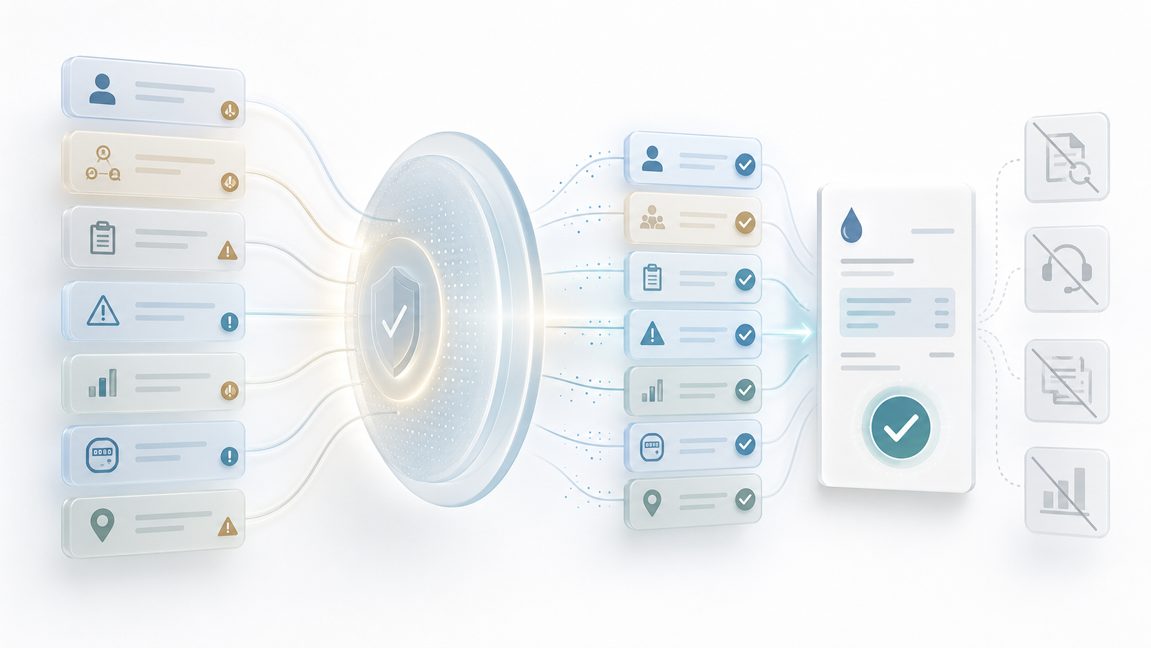 Illustration of account, billing, usage, and service data flowing through a validation checkpoint into organized records, with unresolved items filtered out.