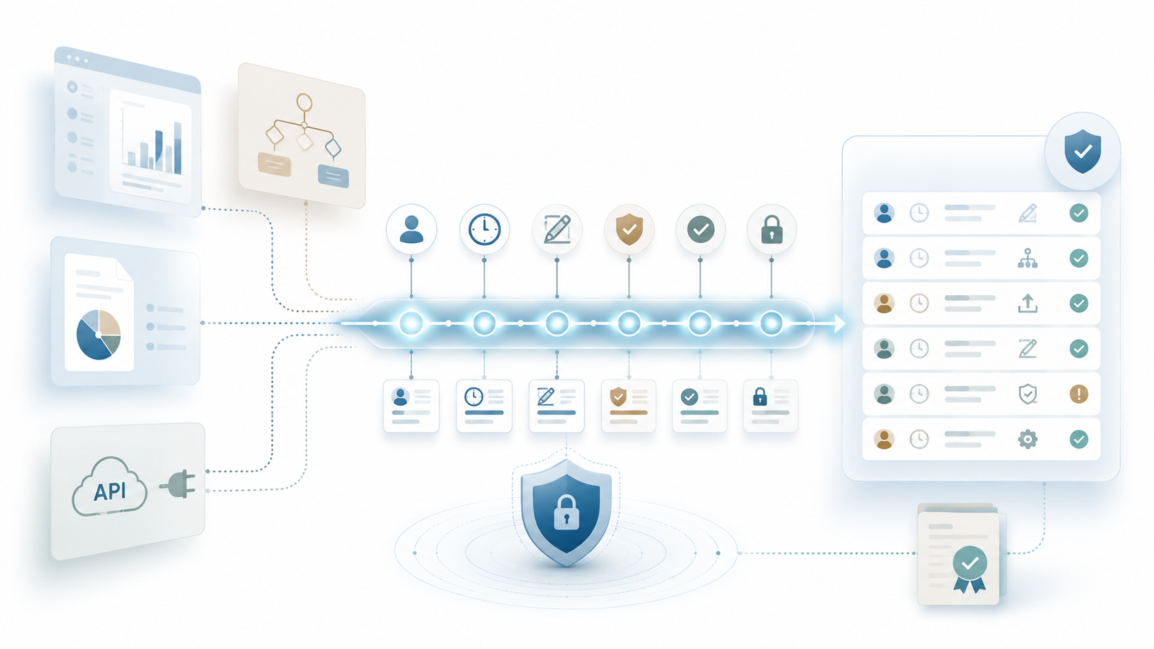 Illustration of connected systems feeding into a secure workflow timeline with user, time, edit, approval, validation, and lock checkpoints, ending in an audit-ready activity log.