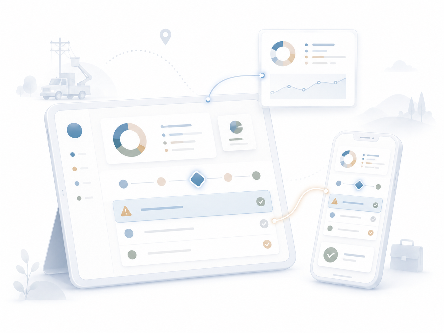 Illustration of a mobile utility billing dashboard showing analytics, workflow progress, alerts, and validation checks connected to field service activity.