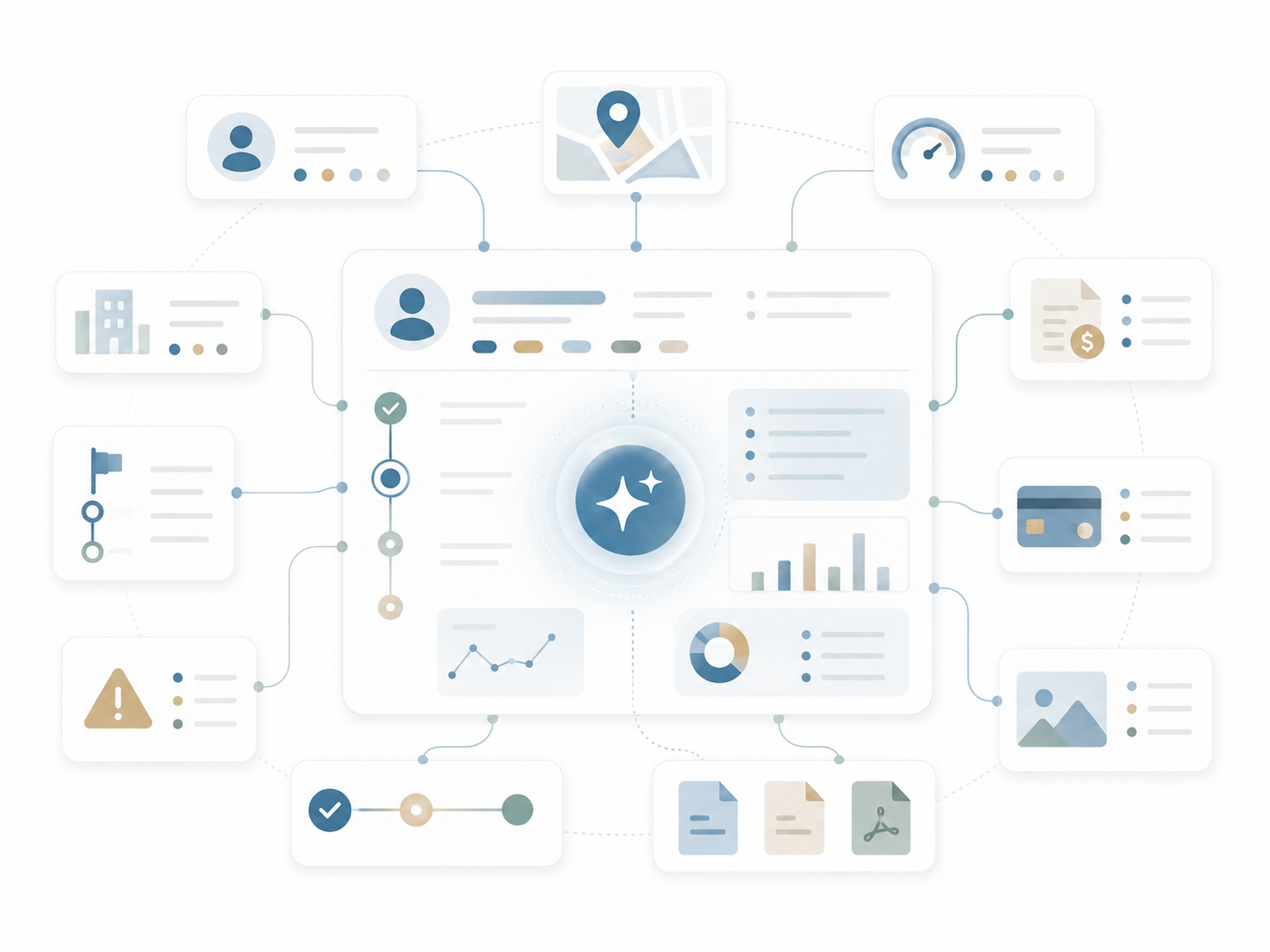 Illustration of a central AI-assisted dashboard connecting customer, location, billing, payment, alert, document, and analytics data into one organized workflow.