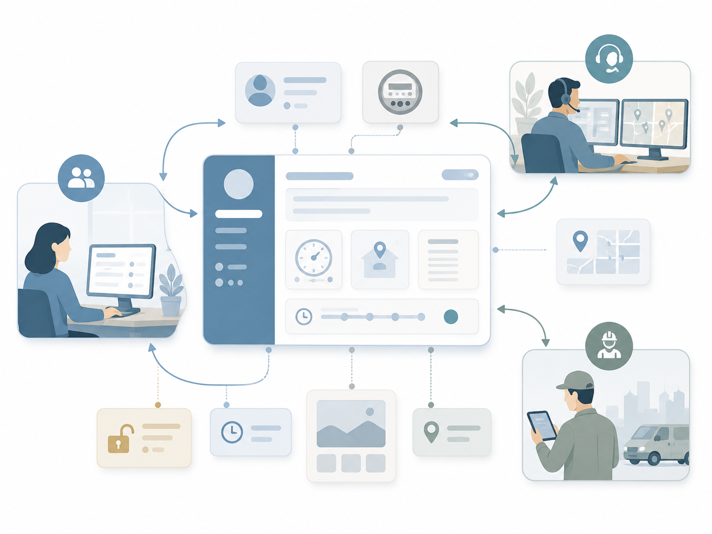 Illustration of a centralized service dashboard connecting customer support, call center dispatch, meter data, location details, security access, scheduling, and field technician updates.