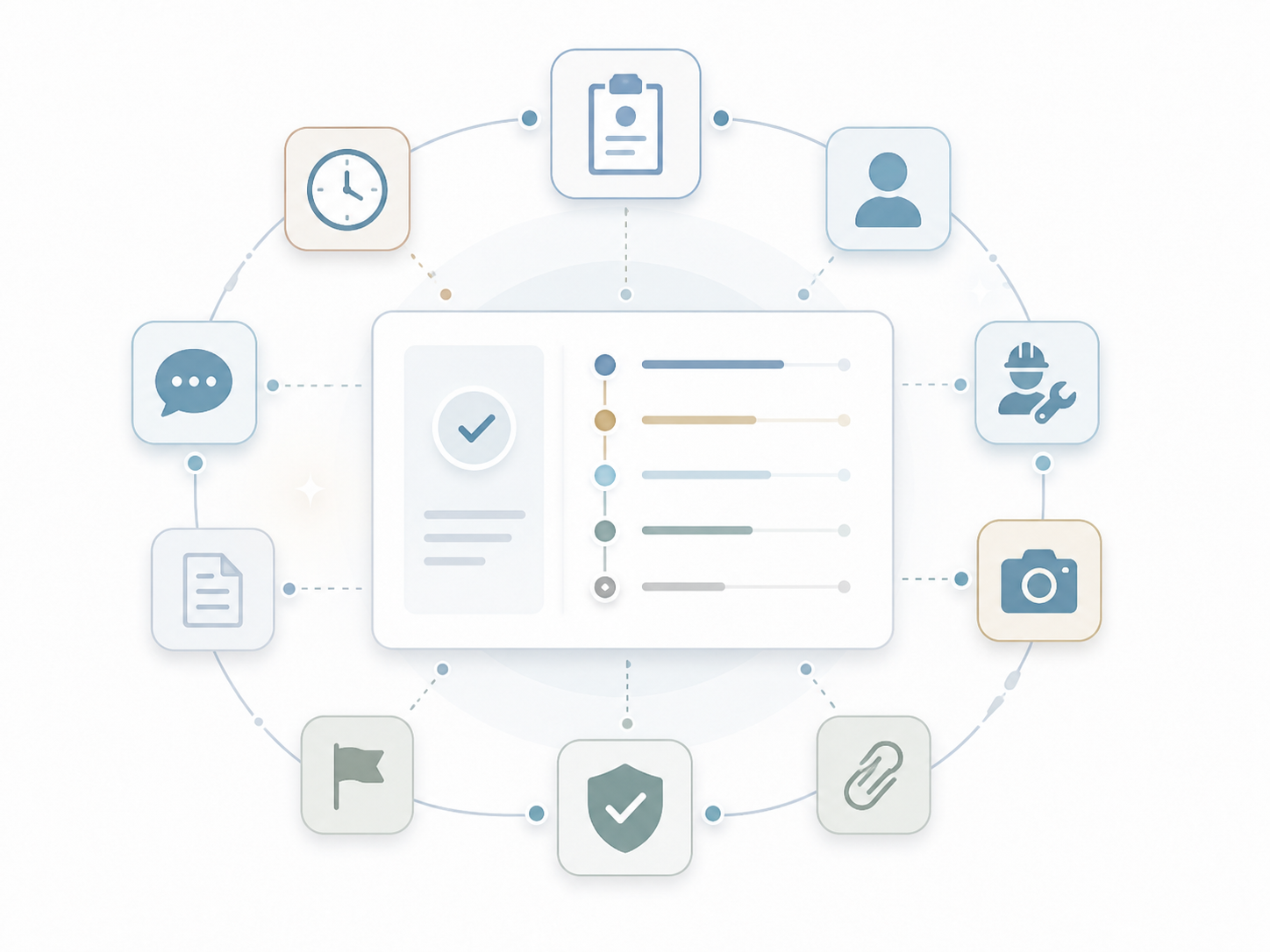 Illustration of a central task checklist connected to communication, scheduling, documents, flags, security, attachments, photos, field service, user, and clipboard workflow items.