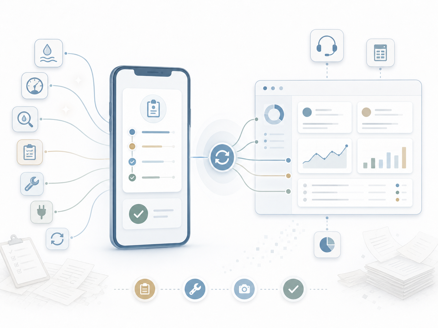 Illustration of a mobile field workflow syncing with a central dashboard, connecting meter, usage, inspection, maintenance, and approval data with reporting, support, and billing tools.