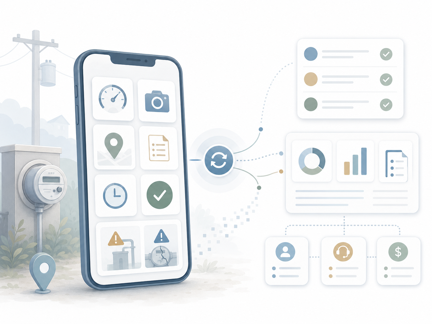 Illustration of a mobile meter reading workflow syncing with a central dashboard, connecting field data, inspections, alerts, approvals, customer support, and billing reports.