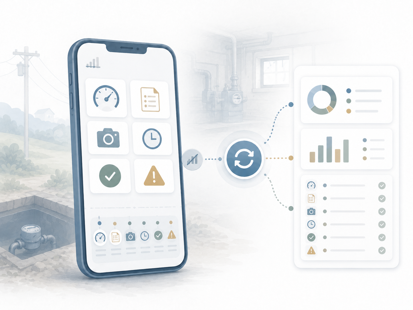 Illustration of a mobile field meter reading app syncing meter photos, readings, alerts, and validation checks with a central reporting dashboard.