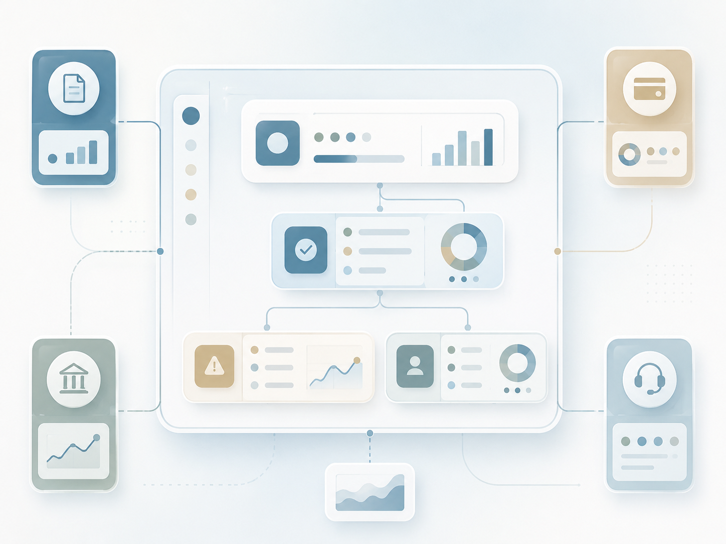 Illustration of a central dashboard connected to billing, municipal, payment, support, alert, customer, and analytics cards for unified operational visibility.