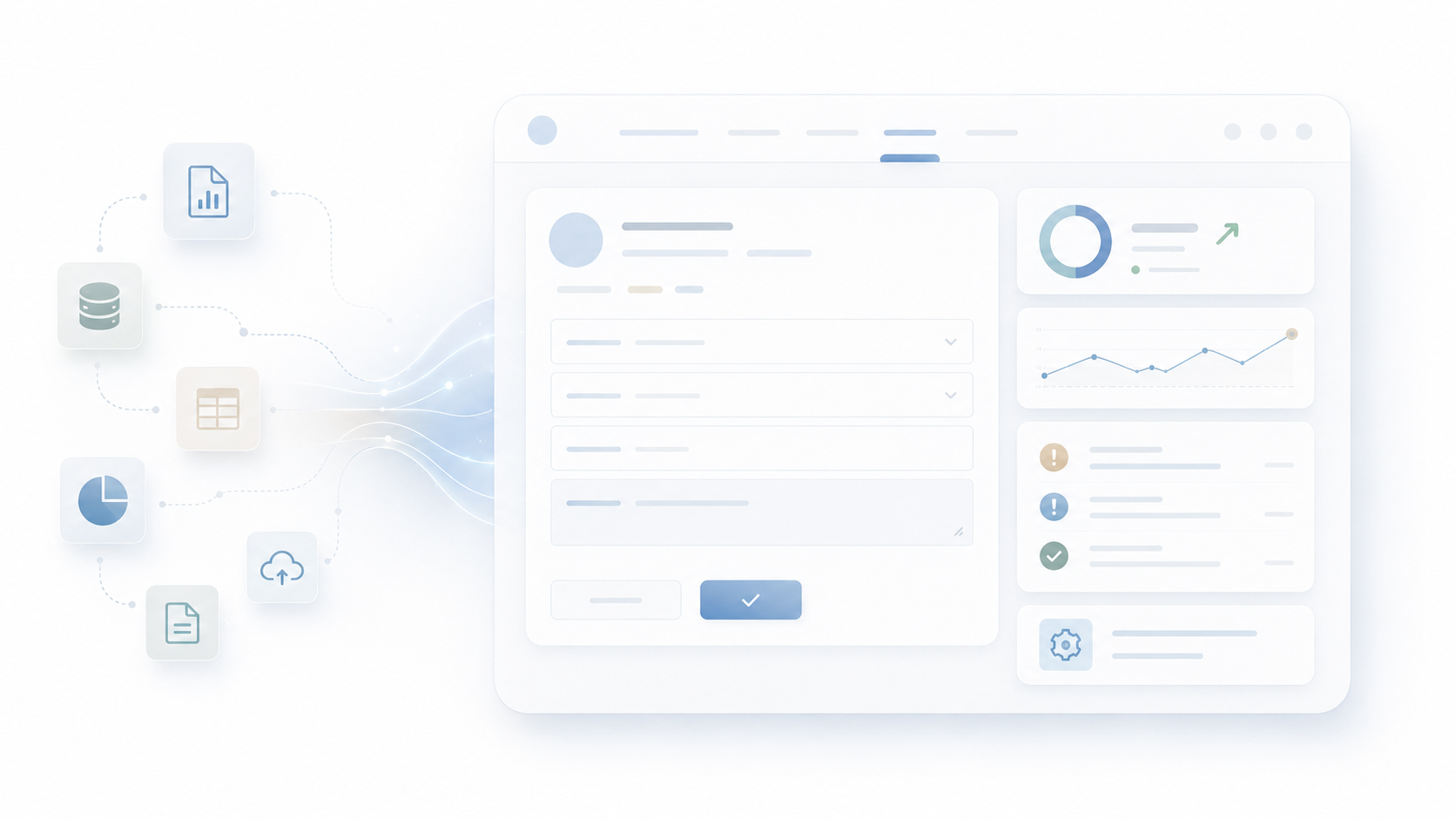 Illustration of multiple data sources flowing into a web-based form and analytics dashboard with charts, alerts, validation checks, and system settings.