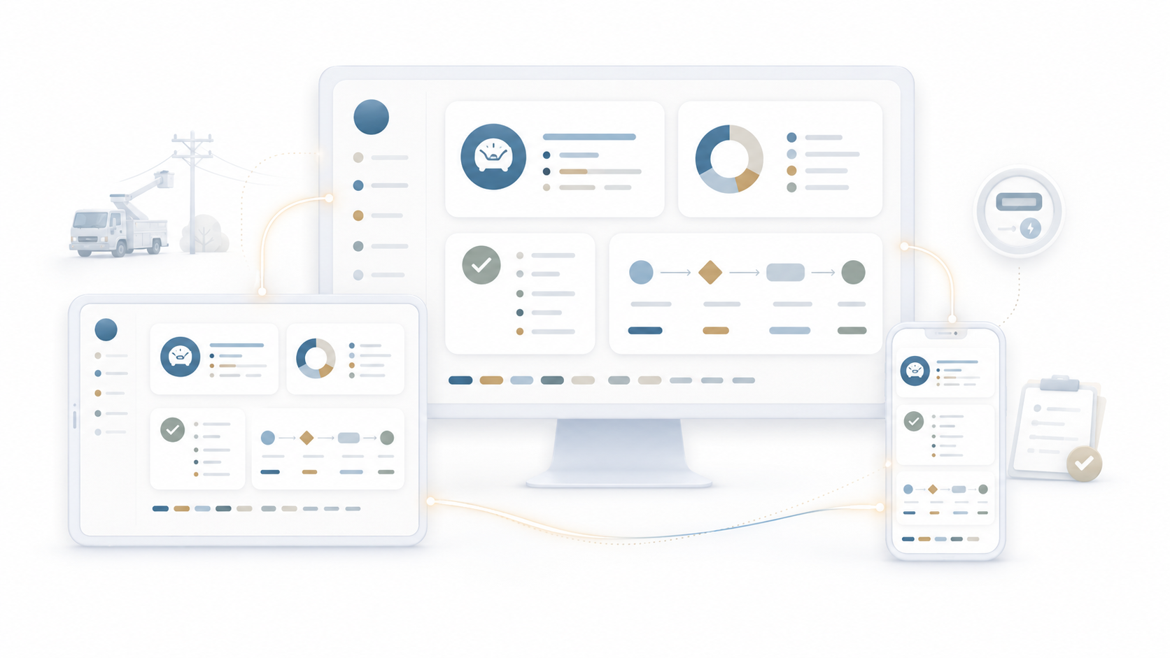 Illustration of a utility billing platform displayed across desktop, tablet, and mobile devices, connecting office workflows with field service, meters, and task approvals.