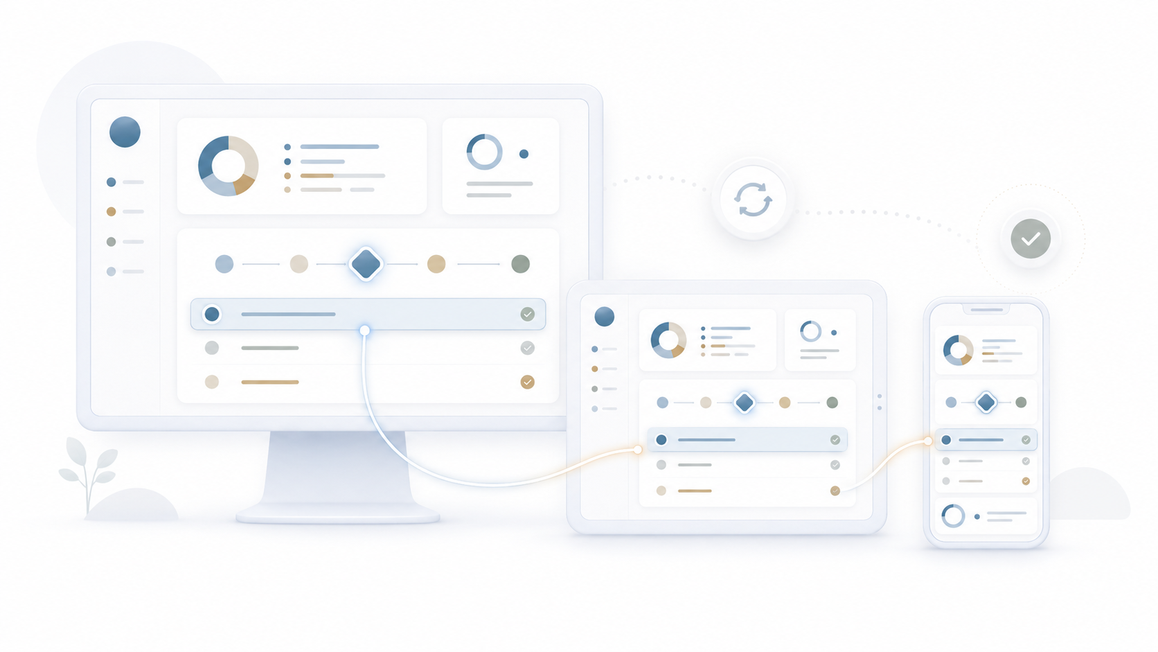 Illustration of a responsive utility billing platform synchronized across desktop, tablet, and mobile devices with workflow steps, dashboard metrics, and validation checks.