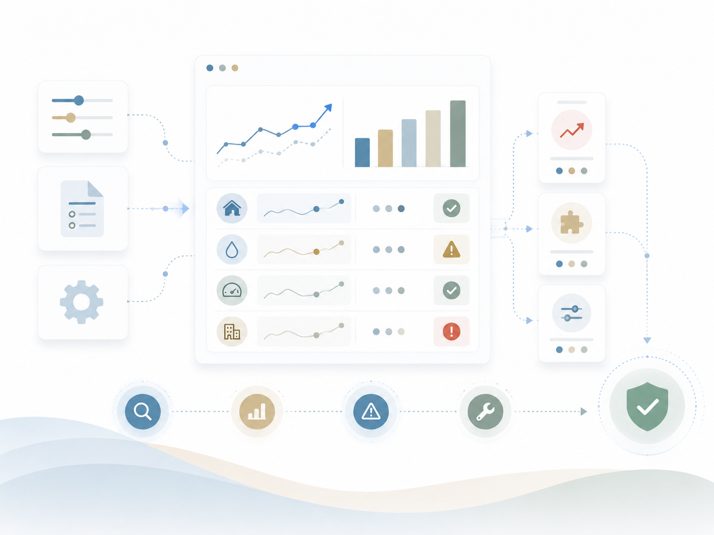 Illustration of a configurable analytics dashboard showing performance trends, property and utility metrics, validation statuses, alerts, and workflow controls moving toward final approval.