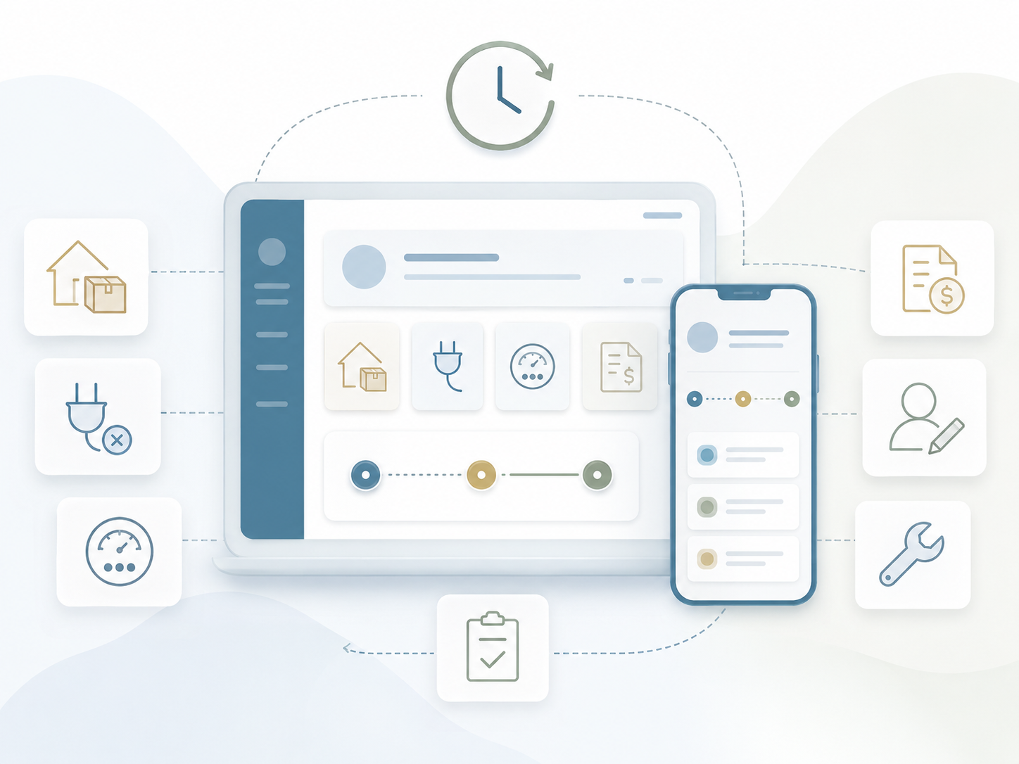 Illustration of utility service workflows synced across desktop and mobile, connecting move-in, meter, payment, customer update, maintenance, timing, and checklist tasks.
