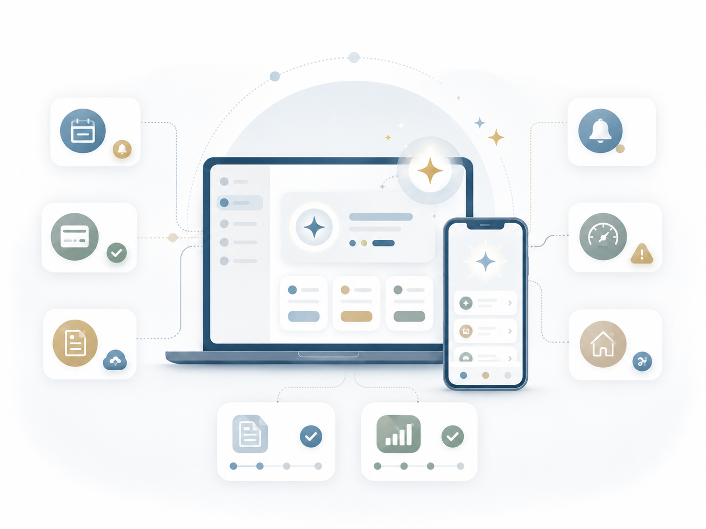 Illustration of a desktop and mobile utility platform using AI assistance to connect calendar, payments, documents, alerts, meter performance, home accounts, reporting, and validation tasks.