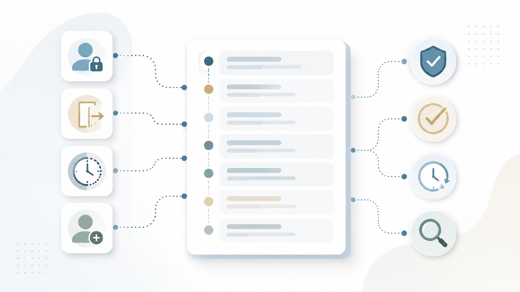 Illustration of a security and audit log showing user access, sign-out, session timing, and provisioning events connected to compliance checks, review, and monitoring.