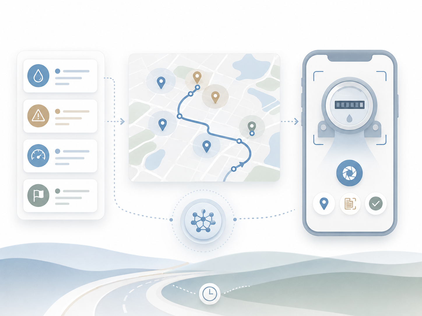 Illustration of a meter reading workflow with service alerts, a mapped route, and a mobile app capturing a meter photo with location, document, and approval steps.
