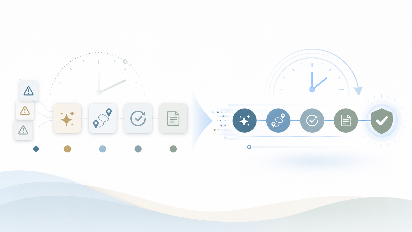 Illustration of alerts moving through an AI-assisted workflow that maps tasks, checks progress, documents results, and completes approval faster.