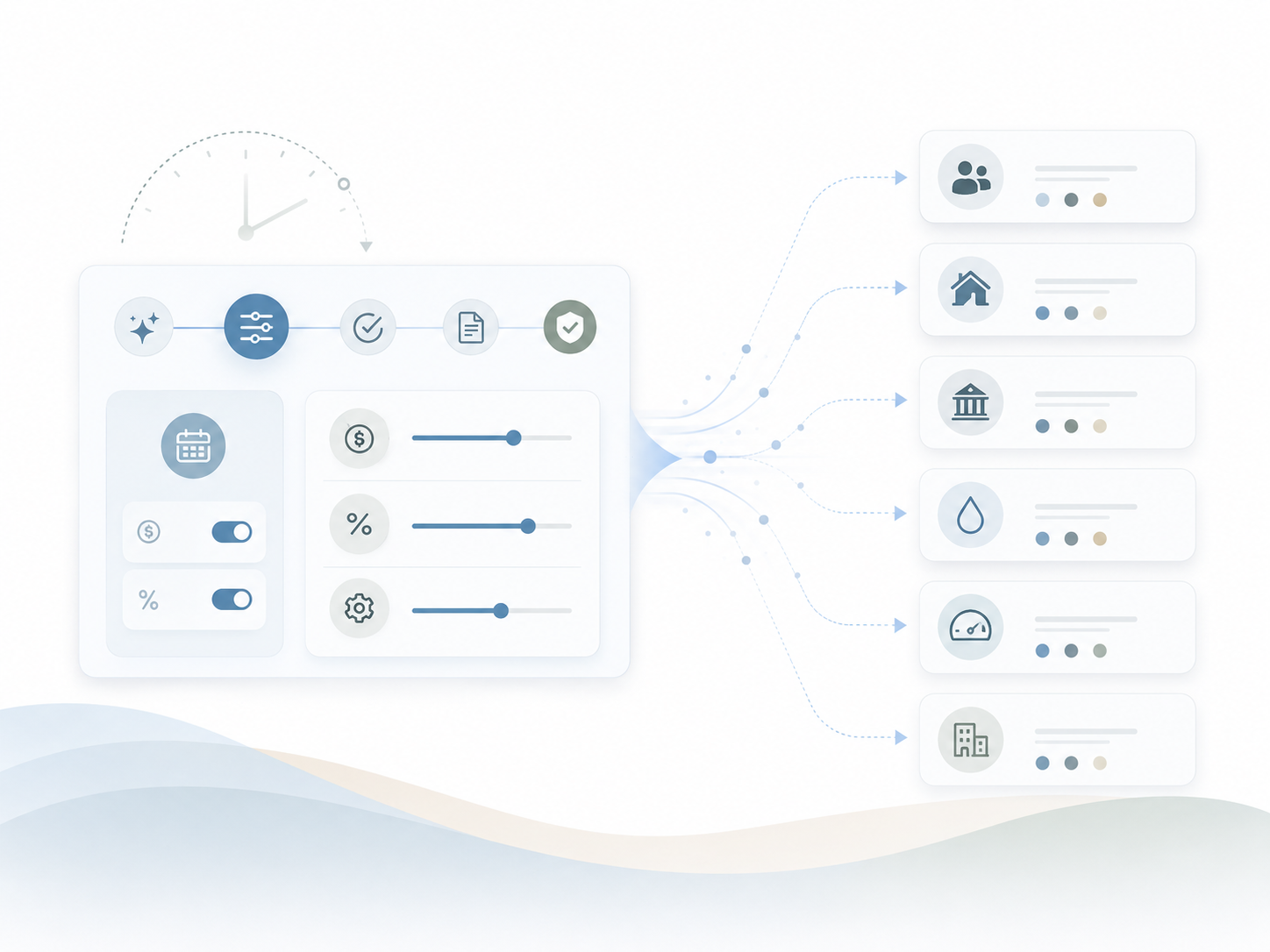 Illustration of configurable billing settings flowing into separate customer, property, municipal, utility, meter, and portfolio workflows.